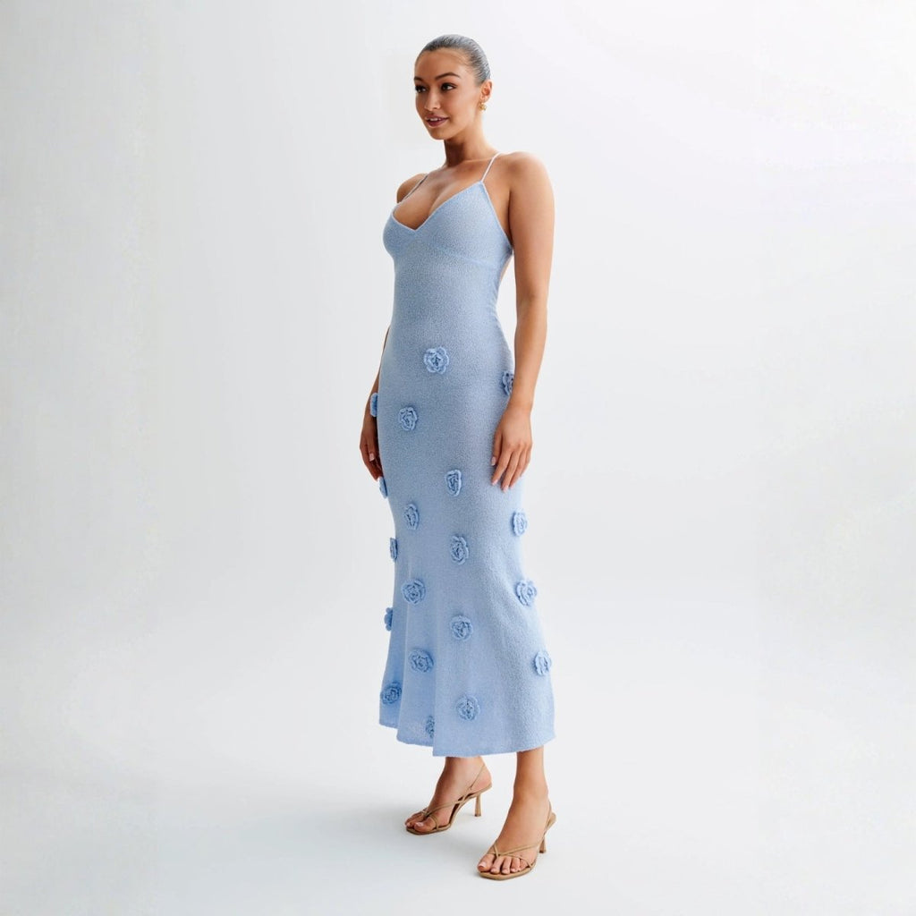 Women’s Alexie Shimmer Knit Halter Dress – Celestial Blue Bodycon Maxi Dress with 3D Rosette Details & Open Back Evening Gown for Special Occasions