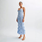 Women’s Alexie Shimmer Knit Halter Dress – Celestial Blue Bodycon Maxi Dress with 3D Rosette Details & Open Back Evening Gown for Special Occasions