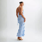 Women’s Alexie Shimmer Knit Halter Dress – Celestial Blue Bodycon Maxi Dress with 3D Rosette Details & Open Back Evening Gown for Special Occasions