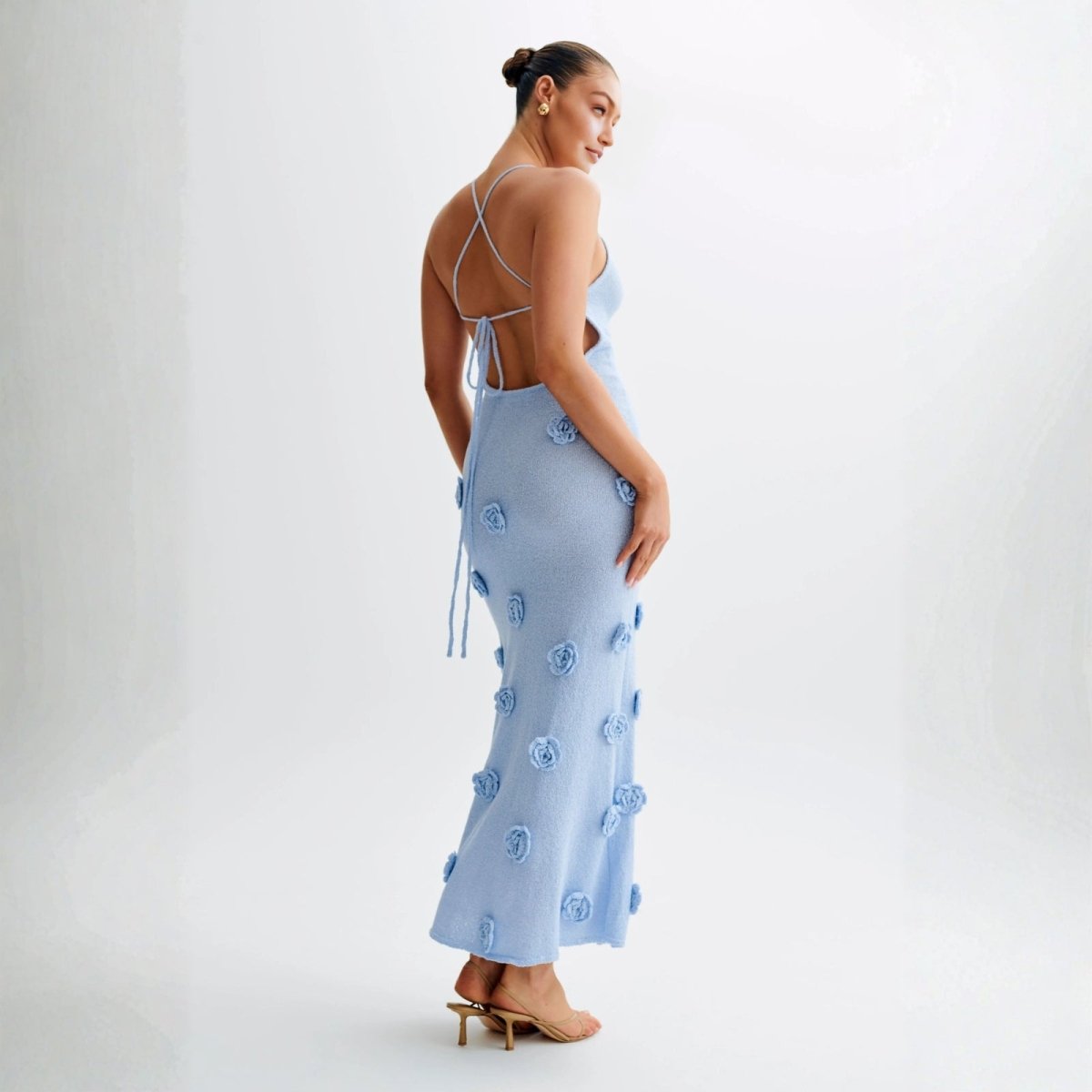 Women’s Alexie Shimmer Knit Halter Dress – Celestial Blue Bodycon Maxi Dress with 3D Rosette Details & Open Back Evening Gown for Special Occasions