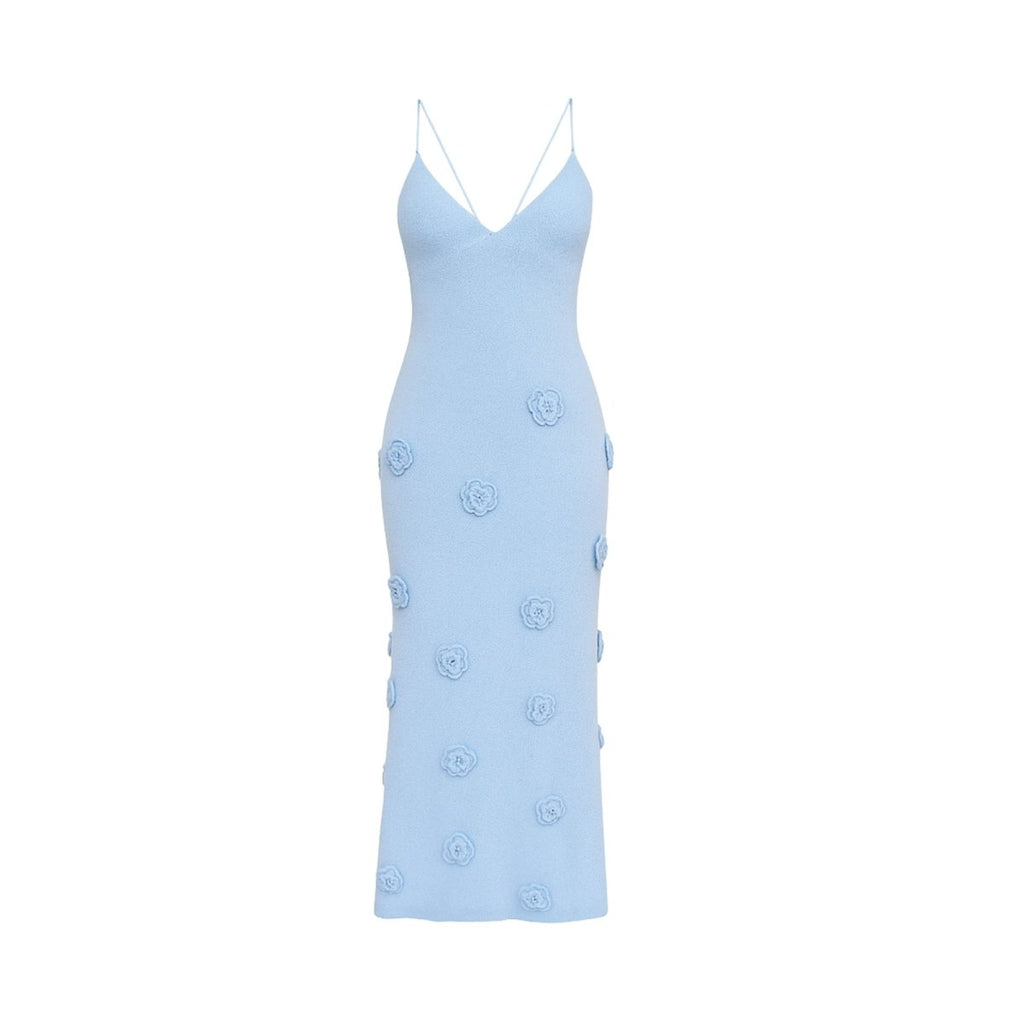 Women’s Alexie Shimmer Knit Halter Dress – Celestial Blue Bodycon Maxi Dress with 3D Rosette Details & Open Back Evening Gown for Special Occasions