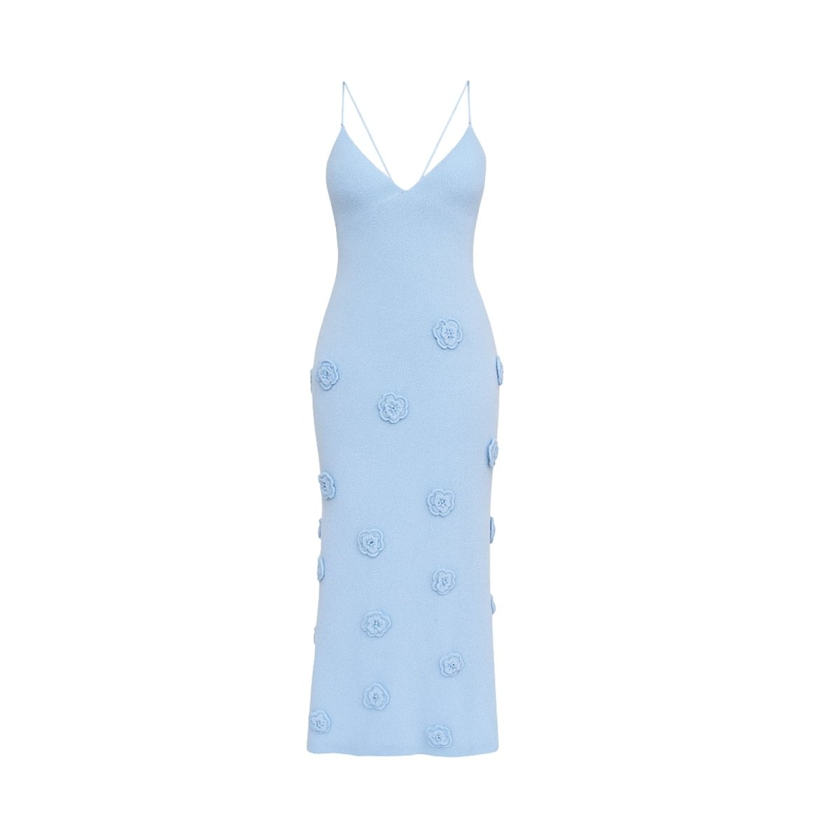 Women’s Alexie Shimmer Knit Halter Dress – Celestial Blue Bodycon Maxi Dress with 3D Rosette Details & Open Back Evening Gown for Special Occasions