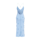Women’s Alexie Shimmer Knit Halter Dress – Celestial Blue Bodycon Maxi Dress with 3D Rosette Details & Open Back Evening Gown for Special Occasions