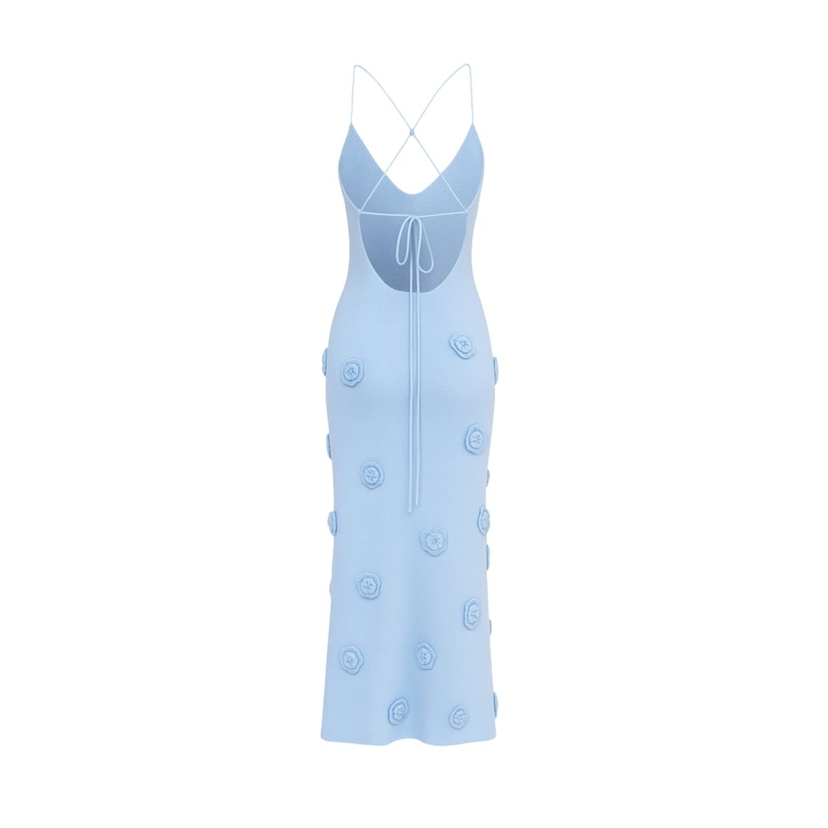 Women’s Alexie Shimmer Knit Halter Dress – Celestial Blue Bodycon Maxi Dress with 3D Rosette Details & Open Back Evening Gown for Special Occasions