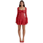 Women’s Crimson Lace Corset Mini Dress – Floral Devore Bodycon Dress with Bell Sleeves for Date Night, Cocktail Party & Evening Wear