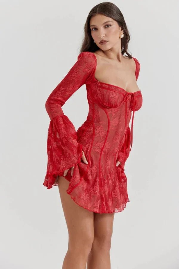 Women’s Crimson Lace Corset Mini Dress – Floral Devore Bodycon Dress with Bell Sleeves for Date Night, Cocktail Party & Evening Wear