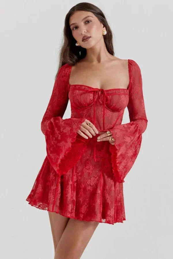 Women’s Crimson Lace Corset Mini Dress – Floral Devore Bodycon Dress with Bell Sleeves for Date Night, Cocktail Party & Evening Wear
