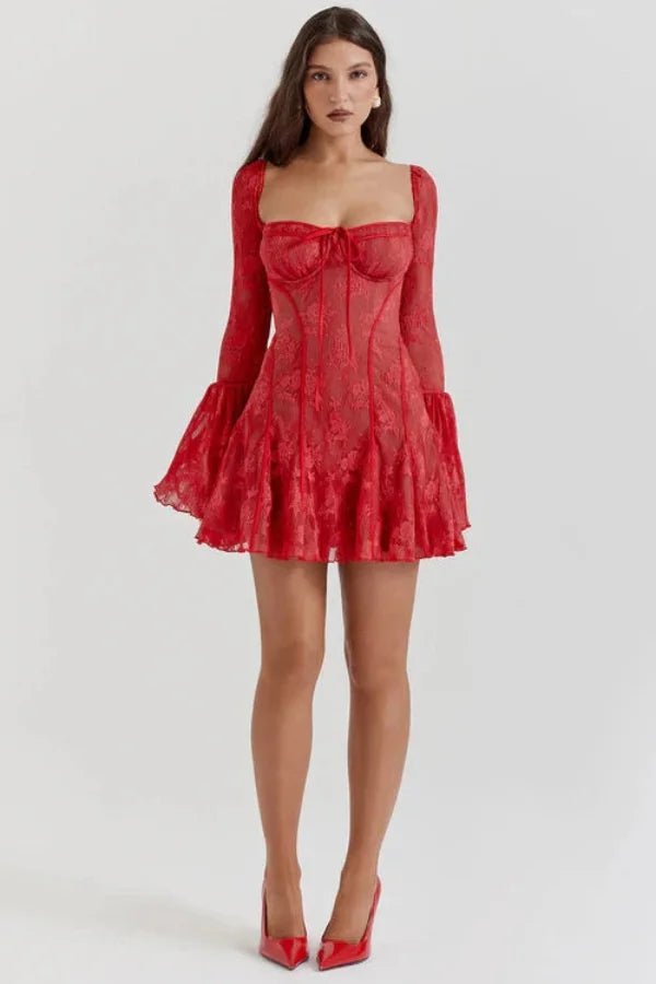 Women’s Crimson Lace Corset Mini Dress – Floral Devore Bodycon Dress with Bell Sleeves for Date Night, Cocktail Party & Evening Wear
