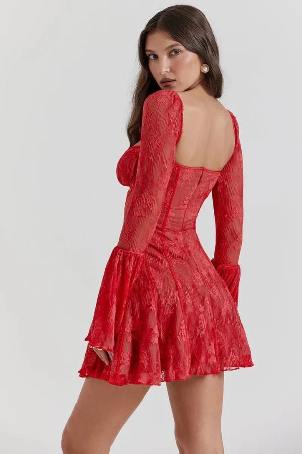 Women’s Crimson Lace Corset Mini Dress – Floral Devore Bodycon Dress with Bell Sleeves for Date Night, Cocktail Party & Evening Wear