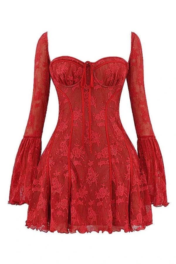 Women’s Crimson Lace Corset Mini Dress – Floral Devore Bodycon Dress with Bell Sleeves for Date Night, Cocktail Party & Evening Wear