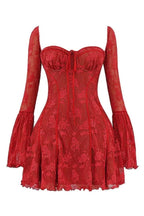 Women’s Crimson Lace Corset Mini Dress – Floral Devore Bodycon Dress with Bell Sleeves for Date Night, Cocktail Party & Evening Wear