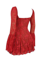 Women’s Crimson Lace Corset Mini Dress – Floral Devore Bodycon Dress with Bell Sleeves for Date Night, Cocktail Party & Evening Wear
