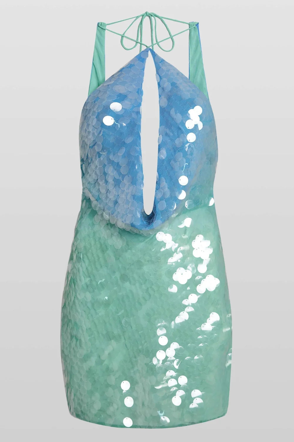 Women’s Amber Sequin Halter Maxi Dress – Iridescent Ocean Hued Bodycon Gown with Keyhole Neckline for Evening, Party & Glam Events