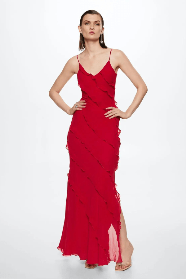 Women’s Ruffle Zip-Detail Maxi Dress – Elegant Long Sleeve Bodycon Dress with Cascading Ruffles for Wedding, Evening & Special Occasion Wear