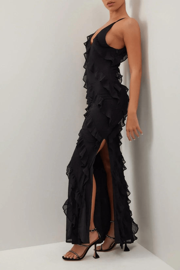 Women’s Ruffle Zip-Detail Maxi Dress – Elegant Long Sleeve Bodycon Dress with Cascading Ruffles for Wedding, Evening & Special Occasion Wear
