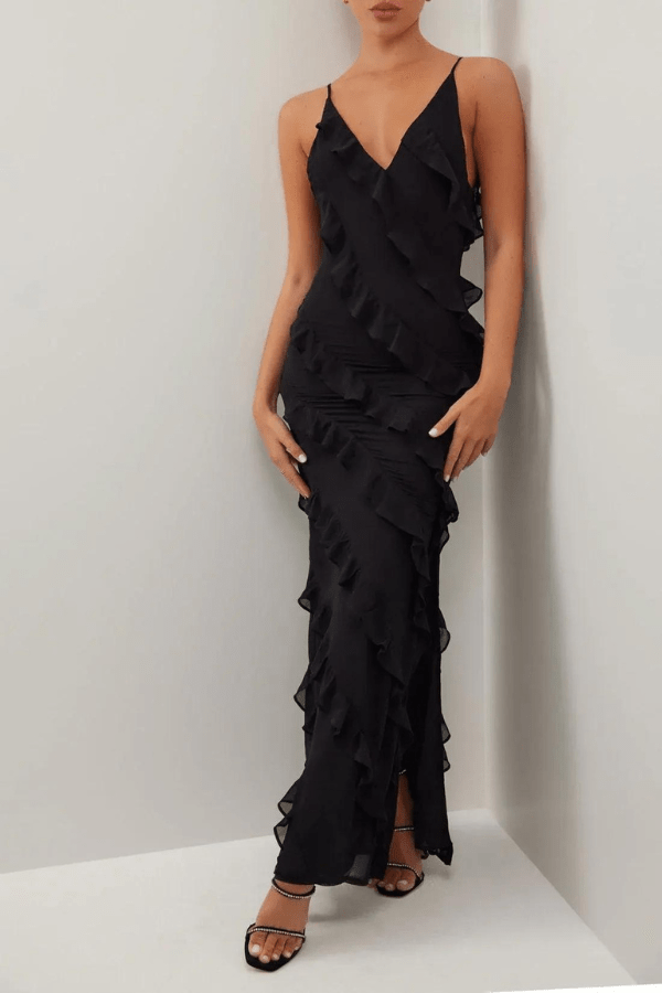 Women’s Ruffle Zip-Detail Maxi Dress – Elegant Long Sleeve Bodycon Dress with Cascading Ruffles for Wedding, Evening & Special Occasion Wear