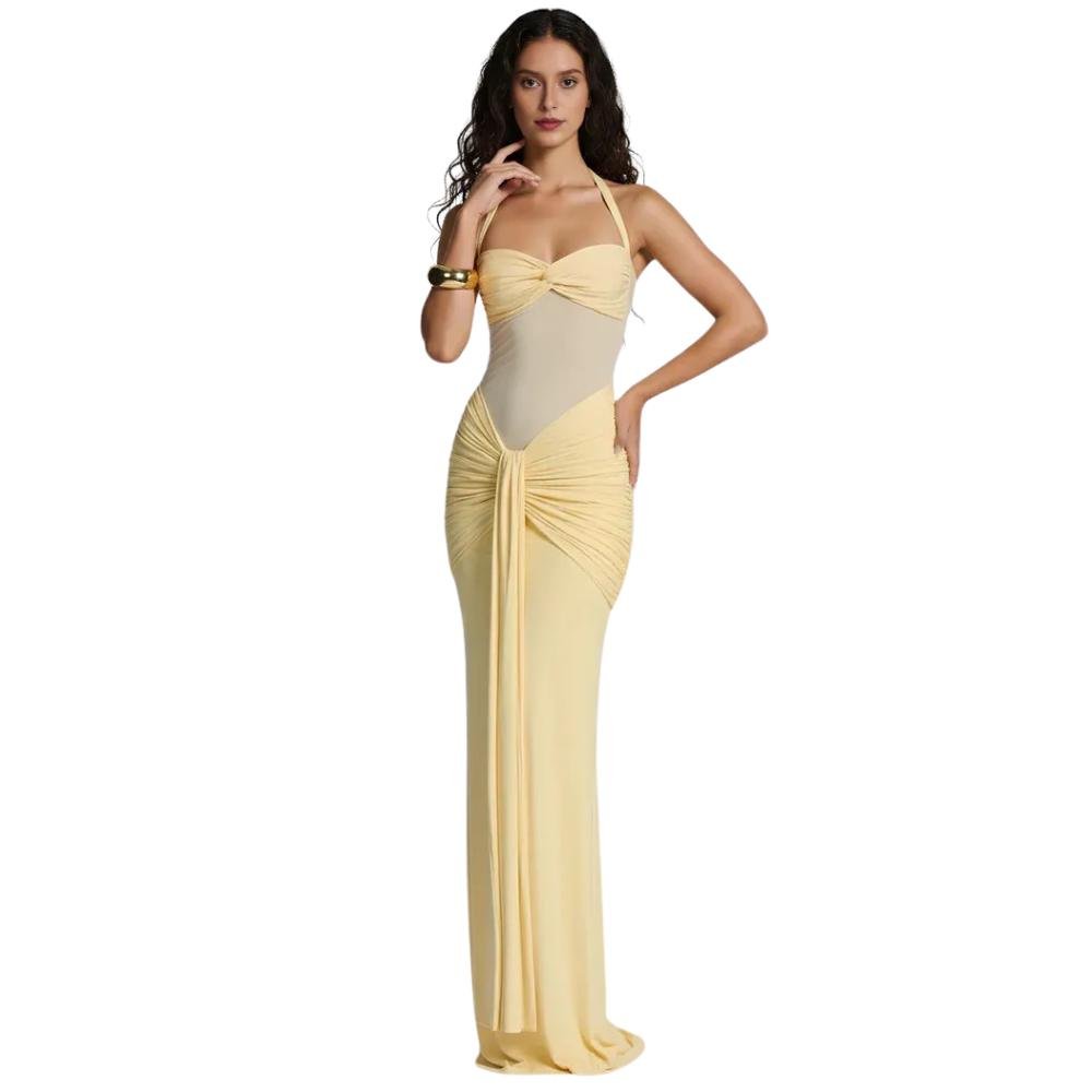 Women’s Halter Jersey Maxi Dress – Lemon Sorbet Stretch Gown with Sheer Mesh Panel & Ruched Back for Elegant Evening & Resort Wear