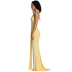 Women’s Halter Jersey Maxi Dress – Lemon Sorbet Stretch Gown with Sheer Mesh Panel & Ruched Back for Elegant Evening & Resort Wear