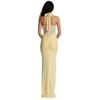 Women’s Halter Jersey Maxi Dress – Lemon Sorbet Stretch Gown with Sheer Mesh Panel & Ruched Back for Elegant Evening & Resort Wear