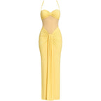 Women’s Halter Jersey Maxi Dress – Lemon Sorbet Stretch Gown with Sheer Mesh Panel & Ruched Back for Elegant Evening & Resort Wear