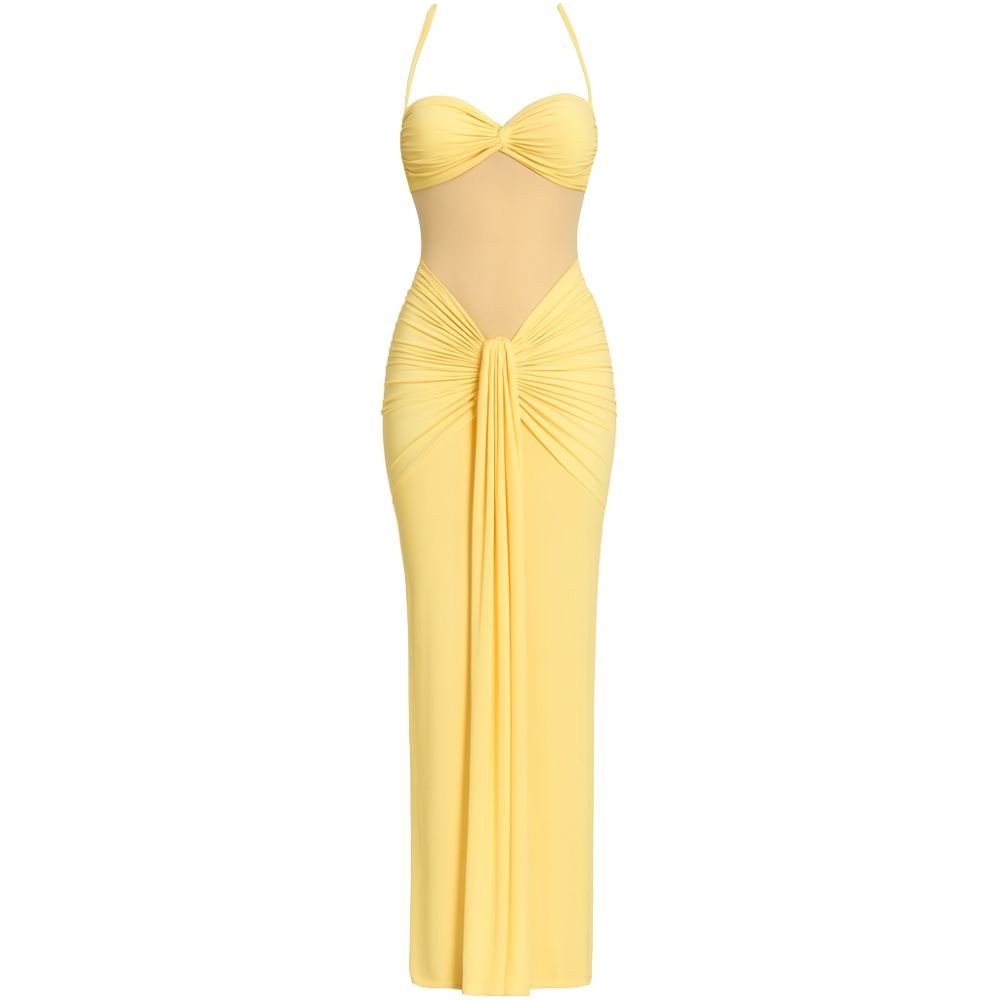 Women’s Halter Jersey Maxi Dress – Lemon Sorbet Stretch Gown with Sheer Mesh Panel & Ruched Back for Elegant Evening & Resort Wear