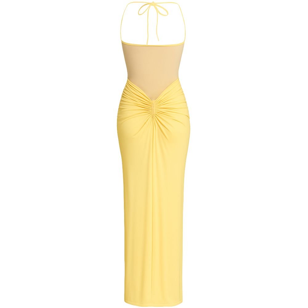 Women’s Halter Jersey Maxi Dress – Lemon Sorbet Stretch Gown with Sheer Mesh Panel & Ruched Back for Elegant Evening & Resort Wear