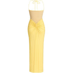 Women’s Halter Jersey Maxi Dress – Lemon Sorbet Stretch Gown with Sheer Mesh Panel & Ruched Back for Elegant Evening & Resort Wear