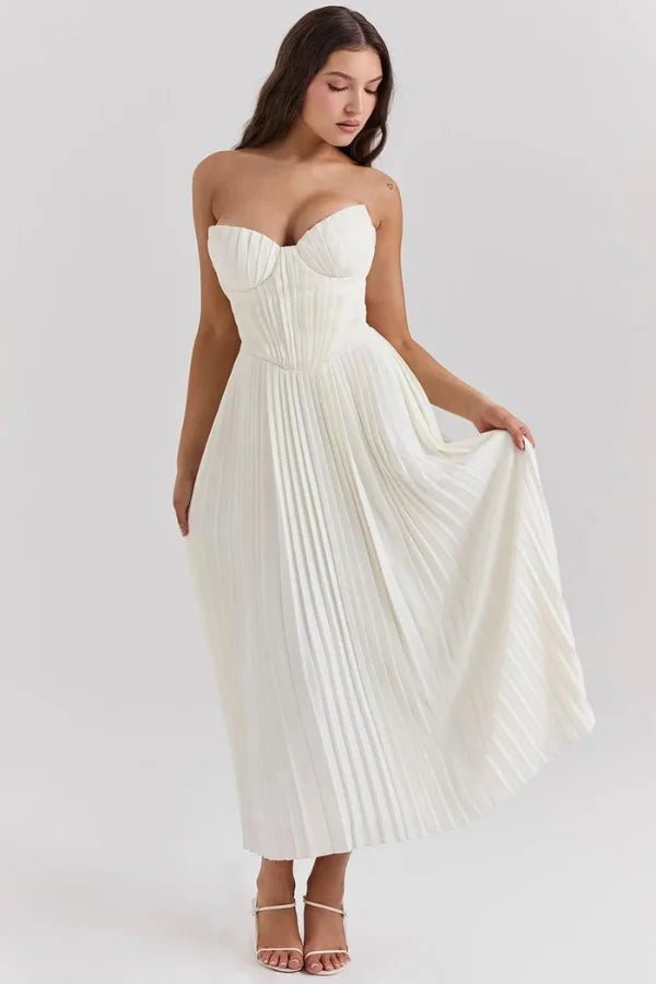 Women’s Anaflor Corset Pleated Midi Dress – Structured Boned Bodice Sweetheart Neckline Elegant Party & Occasion Dress