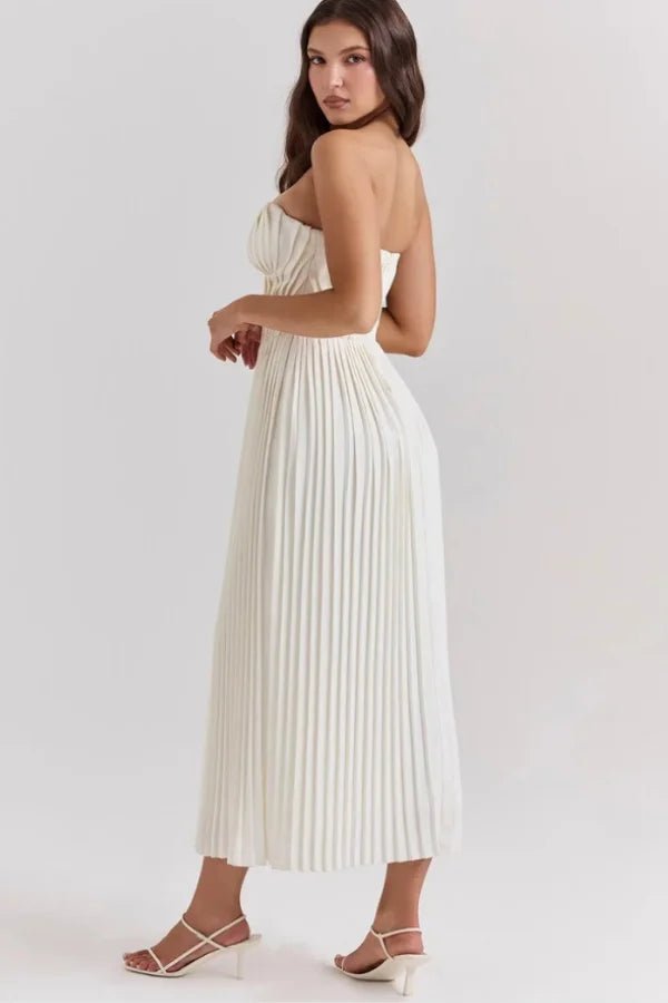 Women’s Anaflor Corset Pleated Midi Dress – Structured Boned Bodice Sweetheart Neckline Elegant Party & Occasion Dress