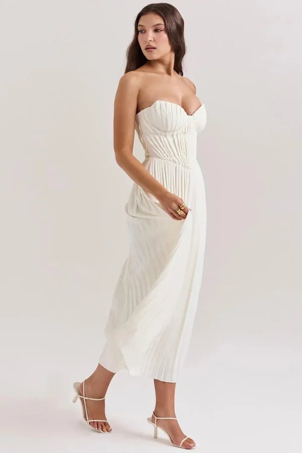 Women’s Anaflor Corset Pleated Midi Dress – Structured Boned Bodice Sweetheart Neckline Elegant Party & Occasion Dress