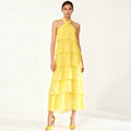 Women’s Anaisa Daffodil Yellow Chiffon Halter Tiered Maxi Dress – Open Back with Rosette