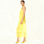 Women’s Anaisa Daffodil Yellow Chiffon Halter Tiered Maxi Dress – Open Back with Rosette