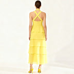 Women’s Anaisa Daffodil Yellow Chiffon Halter Tiered Maxi Dress – Open Back with Rosette