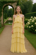 Women’s Anaisa Daffodil Yellow Chiffon Halter Tiered Maxi Dress – Open Back with Rosette