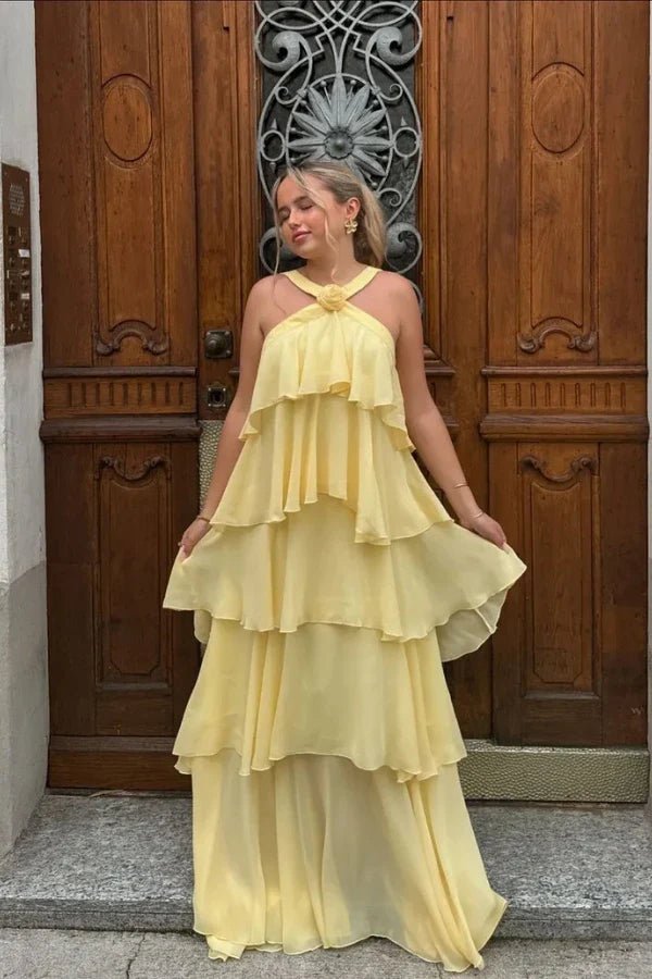 Women’s Anaisa Daffodil Yellow Chiffon Halter Tiered Maxi Dress – Open Back with Rosette