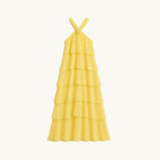 Women’s Anaisa Daffodil Yellow Chiffon Halter Tiered Maxi Dress – Open Back with Rosette