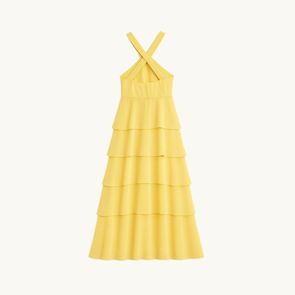 Women’s Anaisa Daffodil Yellow Chiffon Halter Tiered Maxi Dress – Open Back with Rosette