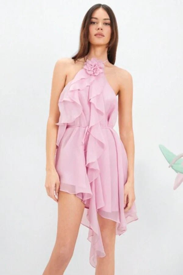 Women’s Anneliese Halter Romper Dress – Dusty Rose Silk Chiffon Ruffle Mini Dress with Floral Appliqué for Wedding Guest, Resort & Elegant Occasion Wear