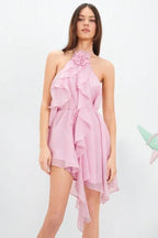 Women’s Anneliese Halter Romper Dress – Dusty Rose Silk Chiffon Ruffle Mini Dress with Floral Appliqué for Wedding Guest, Resort & Elegant Occasion Wear