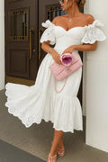 Women’s Annie Off Shoulder Eyelet Cotton Midi Dress – Romantic Puff Sleeve Tiered Broderie Anglaise Summer Dress for Vacation, Resort & Garden Party Wear