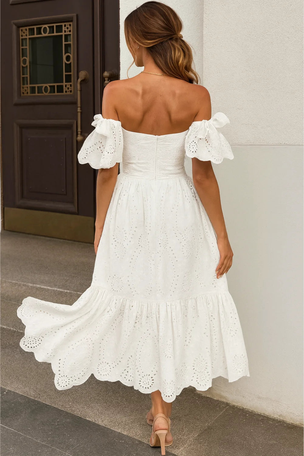 Women’s Annie Off Shoulder Eyelet Cotton Midi Dress – Romantic Puff Sleeve Tiered Broderie Anglaise Summer Dress for Vacation, Resort & Garden Party Wear