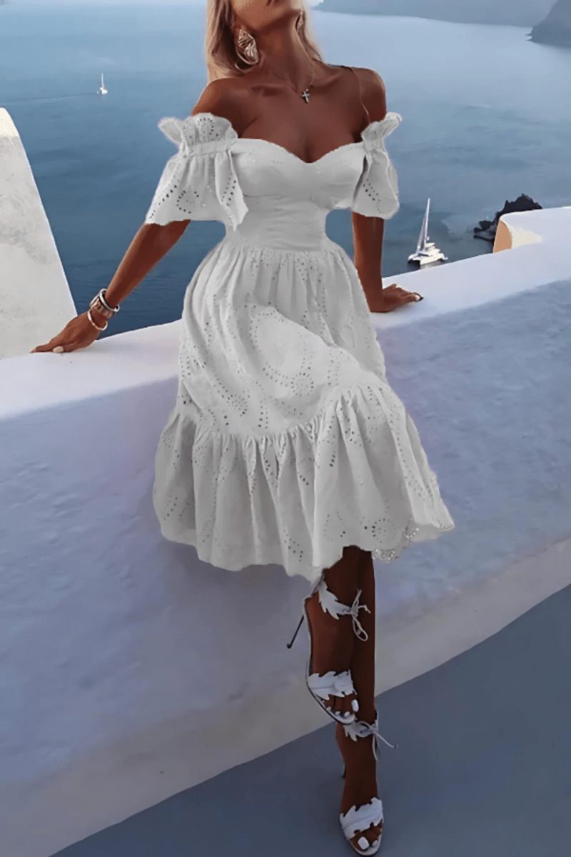 Women’s Annie Off Shoulder Eyelet Cotton Midi Dress – Romantic Puff Sleeve Tiered Broderie Anglaise Summer Dress for Vacation, Resort & Garden Party Wear