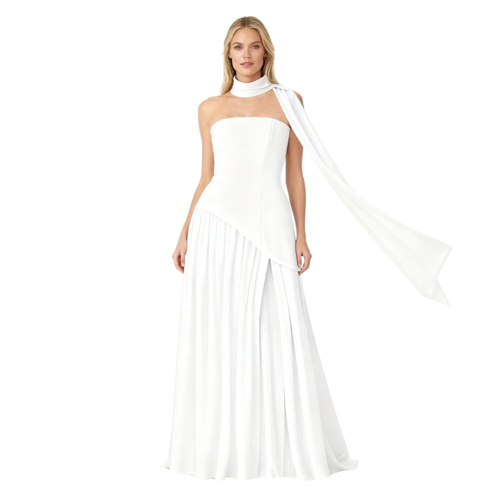 Women’s Aphrodite Strapless Pleated Gown – White Corset Evening Dress with Asymmetrical Waist & Choker Scarf Detail for Bridal & Formal Events