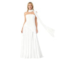 Women’s Aphrodite Strapless Pleated Gown – White Corset Evening Dress with Asymmetrical Waist & Choker Scarf Detail for Bridal & Formal Events