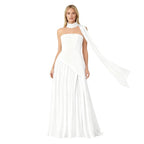 Women’s Aphrodite Strapless Pleated Gown – White Corset Evening Dress with Asymmetrical Waist & Choker Scarf Detail for Bridal & Formal Events