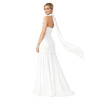 Women’s Aphrodite Strapless Pleated Gown – White Corset Evening Dress with Asymmetrical Waist & Choker Scarf Detail for Bridal & Formal Events