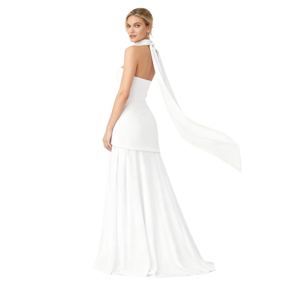 Women’s Aphrodite Strapless Pleated Gown – White Corset Evening Dress with Asymmetrical Waist & Choker Scarf Detail for Bridal & Formal Events