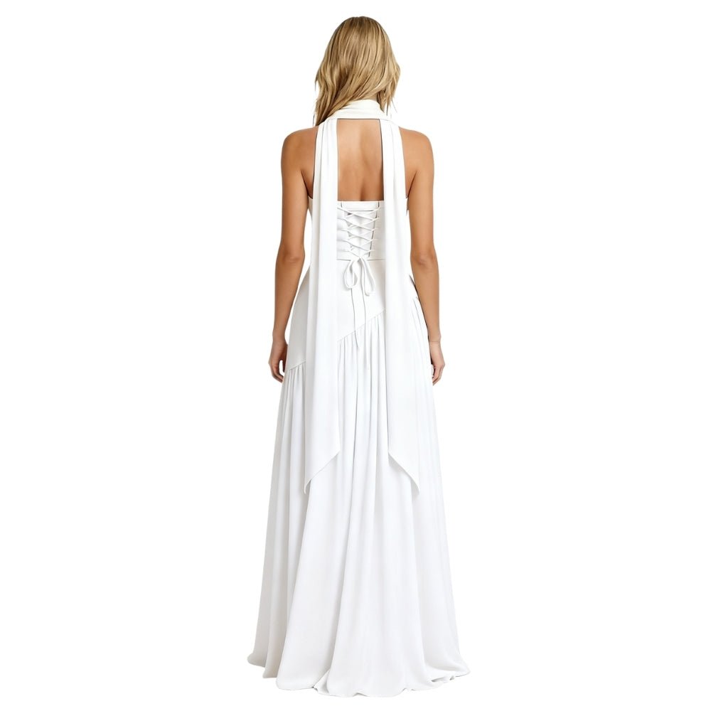 Women’s Aphrodite Strapless Pleated Gown – White Corset Evening Dress with Asymmetrical Waist & Choker Scarf Detail for Bridal & Formal Events