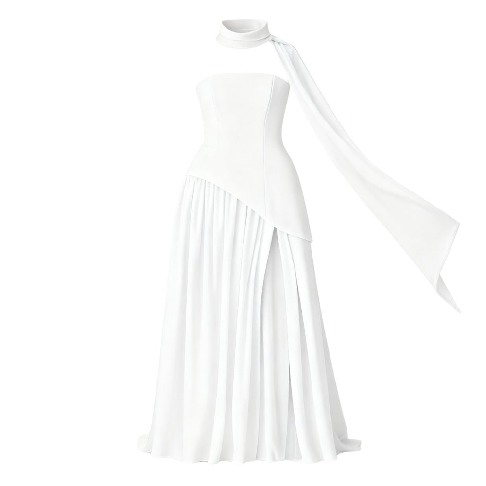 Women’s Aphrodite Strapless Pleated Gown – White Corset Evening Dress with Asymmetrical Waist & Choker Scarf Detail for Bridal & Formal Events