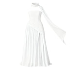 Women’s Aphrodite Strapless Pleated Gown – White Corset Evening Dress with Asymmetrical Waist & Choker Scarf Detail for Bridal & Formal Events